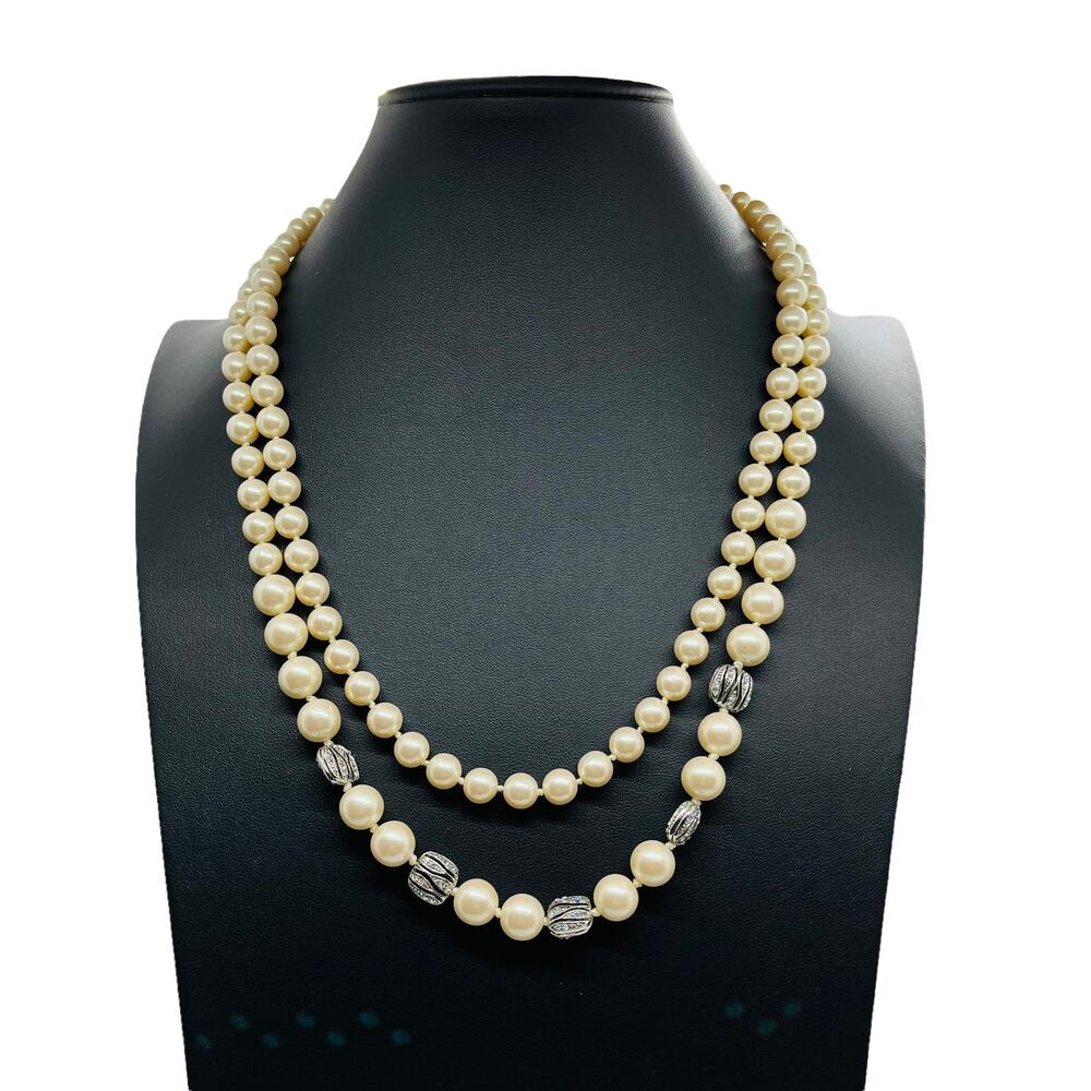 Monet Necklace Creamy Faux Pearl with Rhinestone & Silver Tone Toggle Clasp